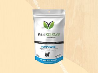 VetriScience Composure Calming Chews for Dogs collaged on a yellow background