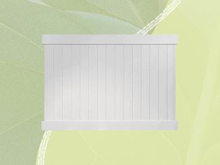 Veranda Linden White Vinyl Privacy Pre-Built Fence collaged against colorful green background