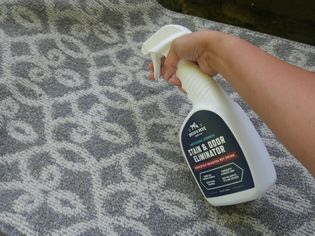 Hand spraying Rocco & Roxie Professional Strength Stain & Odor Eliminator on a rug