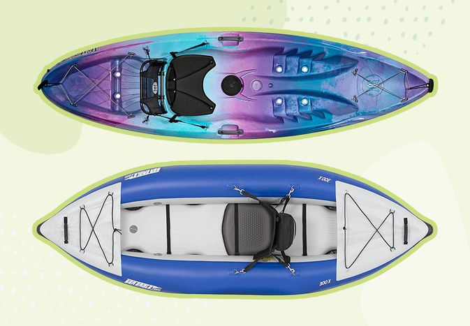 Collage of kayaks we recommend for dogs on a colorful background
