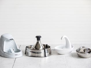 Assortment of best cat water fountains displayed on tile floo
