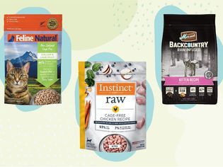 Collage of frozen and freeze dried raw cat food we recommend on a colorful background