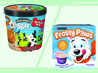Purina’s Frosty Paws and Ben & Jerry’s Doggie Dessert collaged on a green background