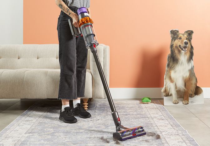 A person using a Dyson V15 Detect Cordless Vacuum Cleaner to clean fur off a rug