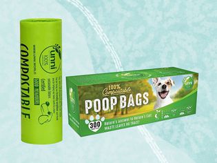 Unni 100% Compostable Extra Thick Pet Waste Bags collaged against blue background
