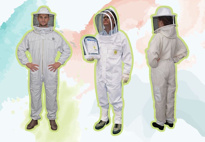 A collage of people wearing beekeeping suits we recommend on a colorful watercolor background