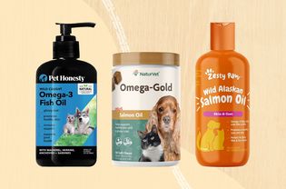 Fish oil for dogs we recommend on a yellow background