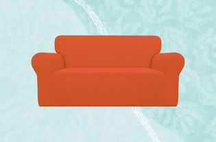 Easy Going Stretch Slipcover collaged on a blue background