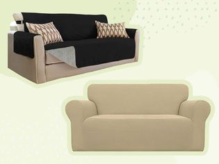 A collage of couch covers for dogs we recommend on a colorful background