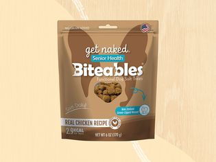 得到Naked Senior Health Biteables Dog Treats collaged on a colorful background