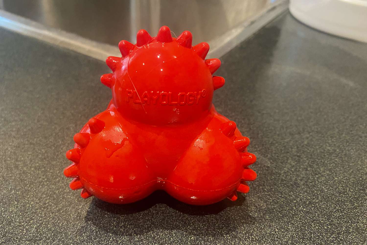 The Playology Puppy Bounce Ball Dog Toy sitting on a counter