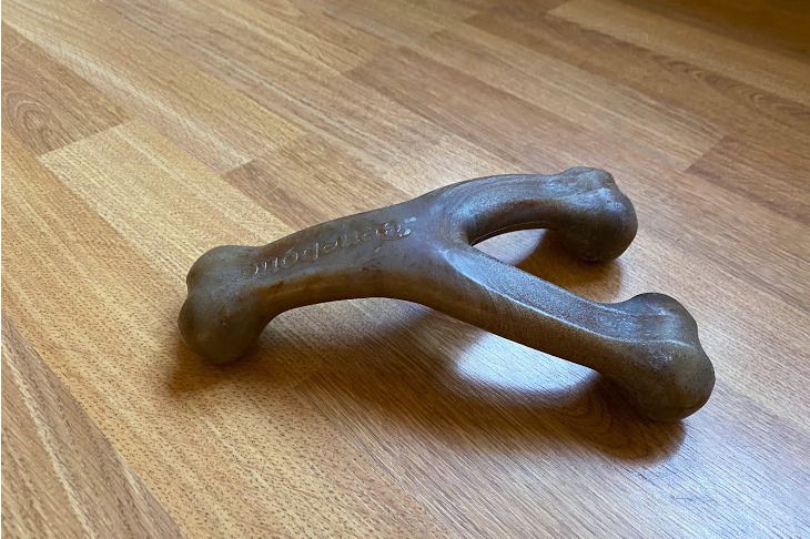 Benebone培根的味道叉骨艰难的狗嚼Toy sitting on a wooden floor