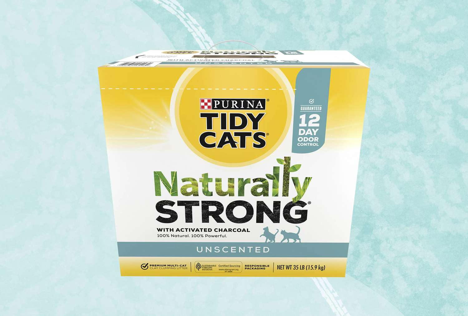 Tidy Cats Naturally Strong displayed on a blue background