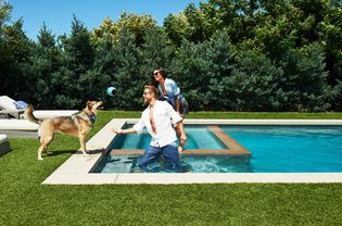 Derek Hough and Hayley Erbert-Hough playing ball with dog in pool