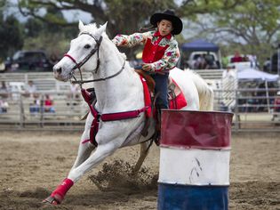 Young girl rider in rodeo barrel race